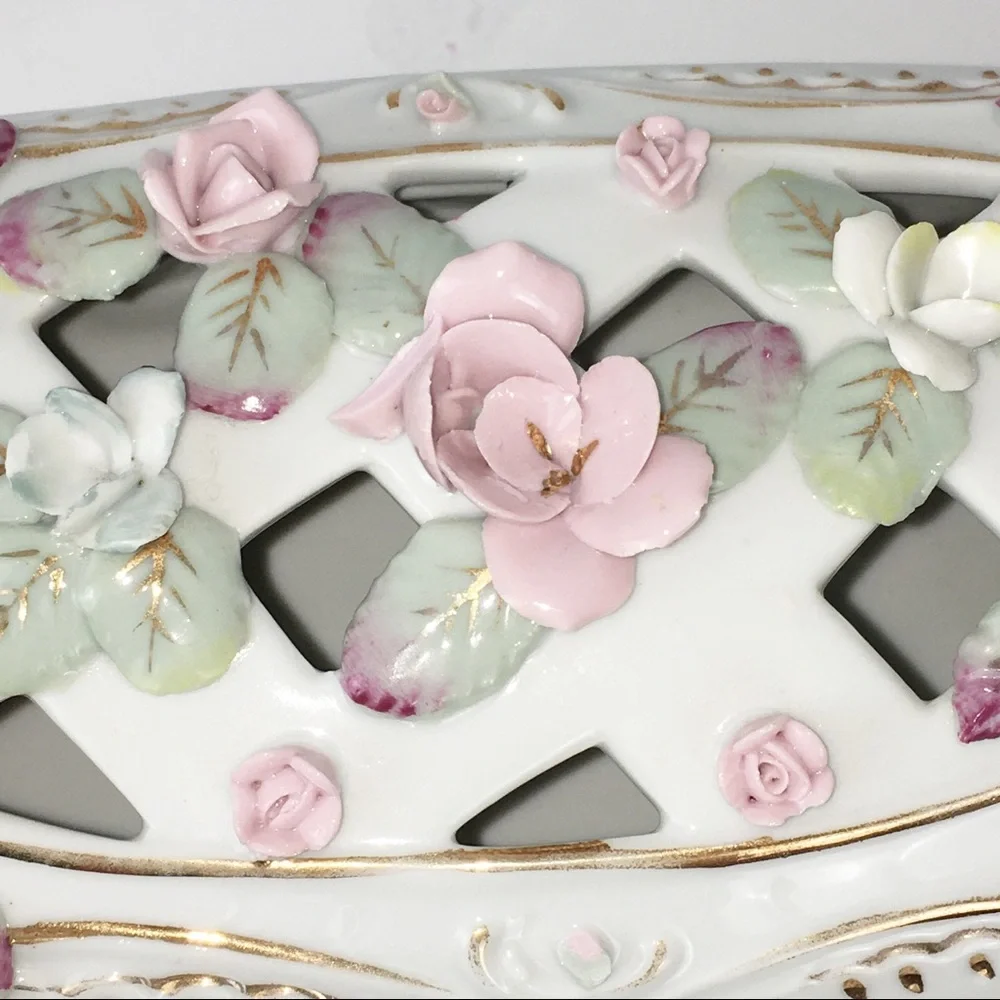 White Porcelain Jewelry Box with Pink Floral Design Delicate Rectangular Beauty
